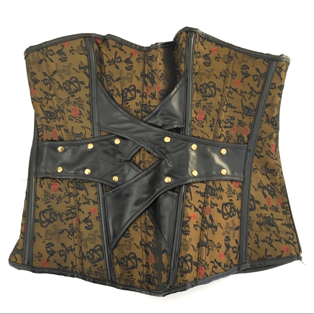 Brown Script Pattern Underbust Corset with Black Faux Leather Accents